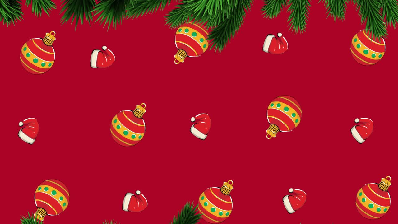 animación de bolas de navidad y sombreros de santa moviéndose con rama de abeto sobre fondo rojo