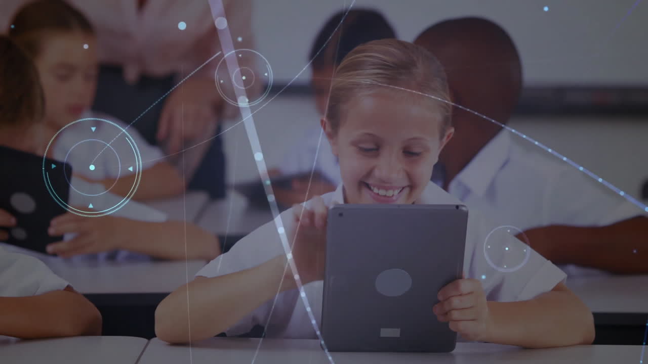 Children using tablets in classroom with digital network animation overlay