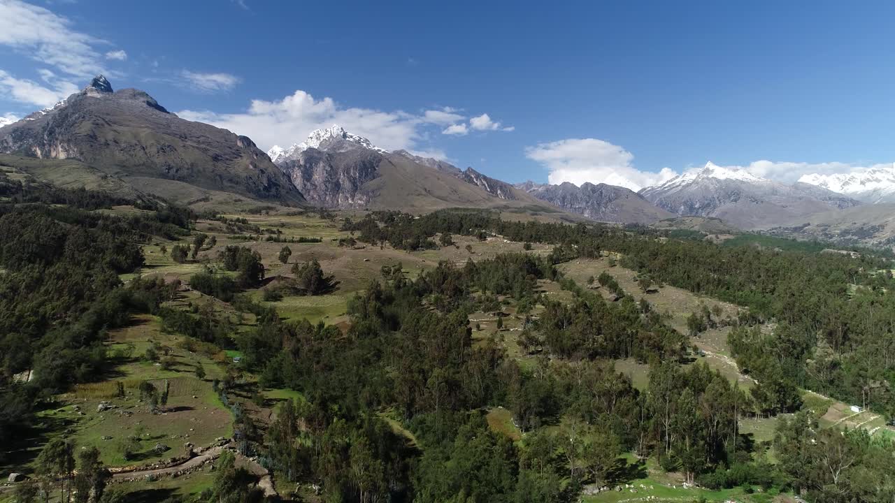 Snow-capped Andean peaks rise above lush green valleys under a clear blue sky.