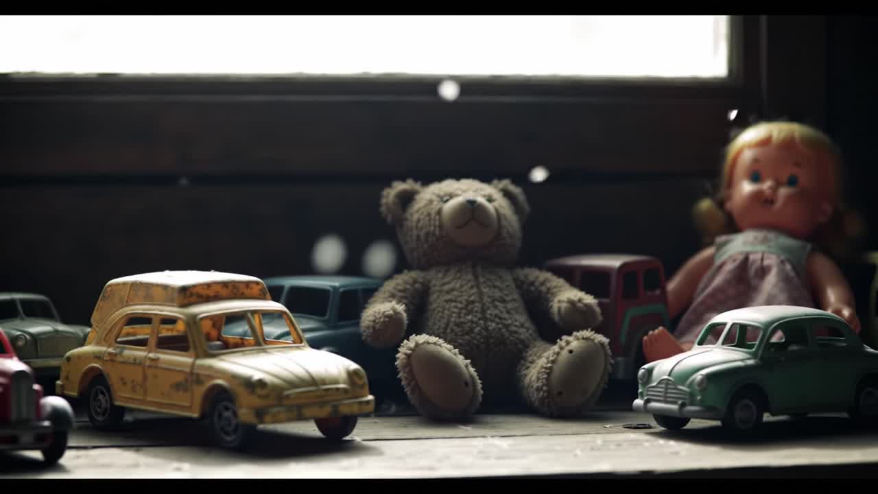 Colorful vintage toys sit on a wooden table in a charming, rustic room. A teddy bear, classic cars, and a doll evoke feelings of childhood joy and nostalgia.
