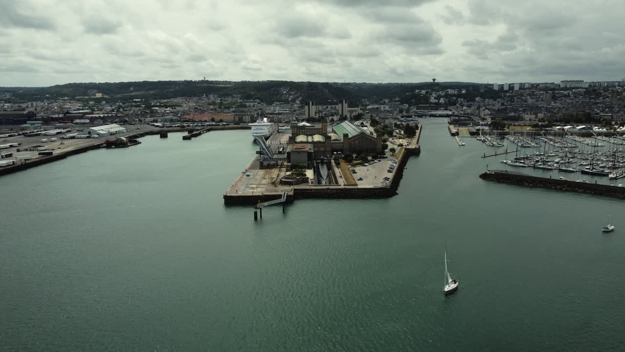 Aerial View of a Port City Harbor with Marina