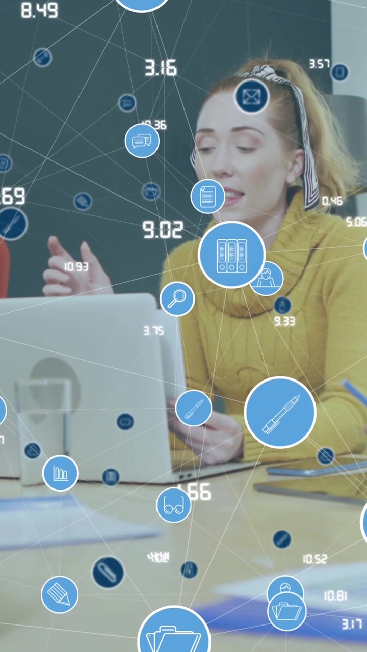Animation of network of digital icons over team of diverse colleagues discussing together at office