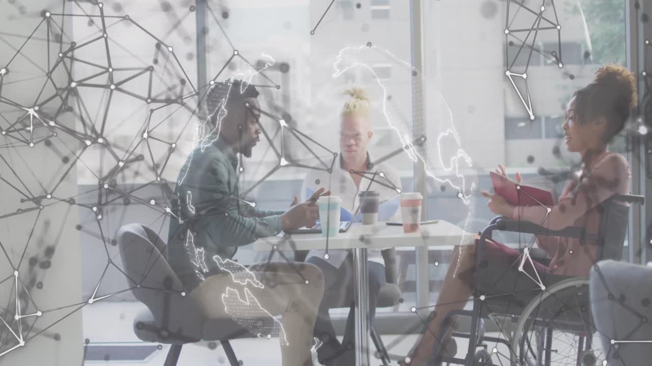 Animation of globe over disabled african american woman with diverse business people