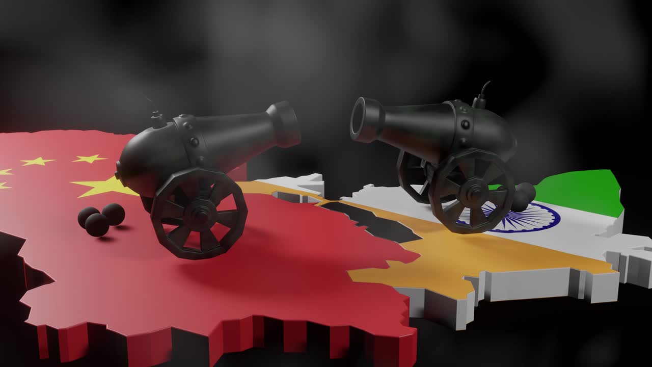 인도-중국 국경 근처에 서로 맞대고 있는 두 대의 기둥이 중국-인도 국경 분쟁의 개념이다.