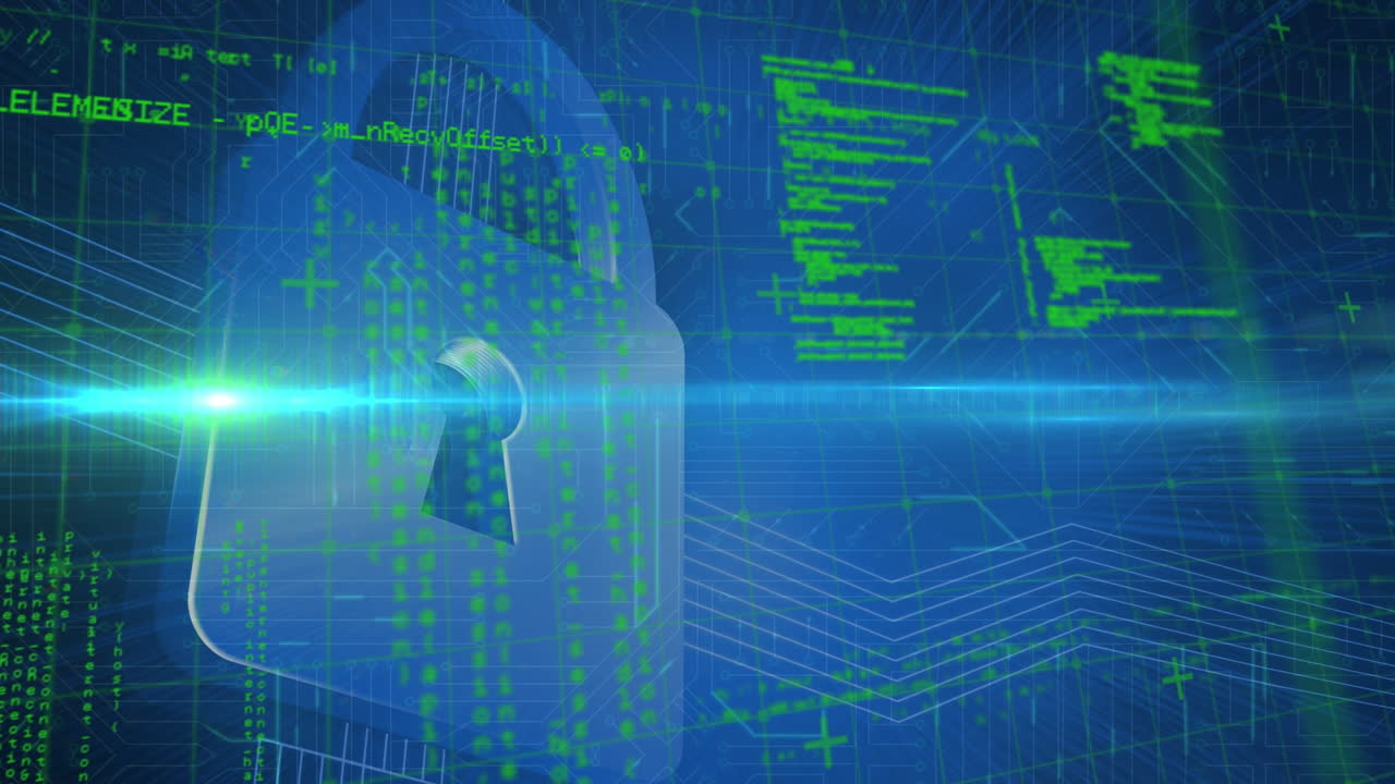 Animation of digital programming code and graphical padlock against moving electronic circuit board