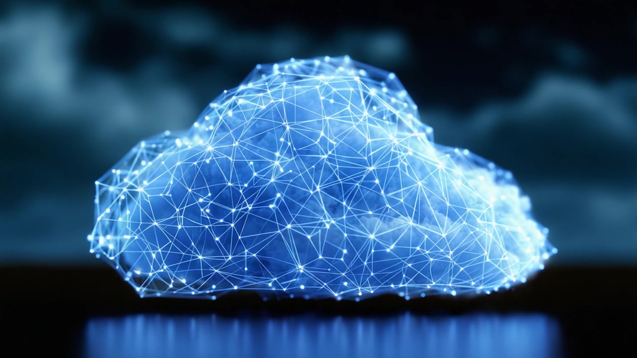 An ethereal digital cloud formation illuminated with a network of luminous connections, symbolizing the fusion of technology and nature in a visionary landscape.