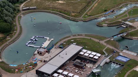 lee valley white water centre aerial view looking down over paddle board schooling on olympic park, england