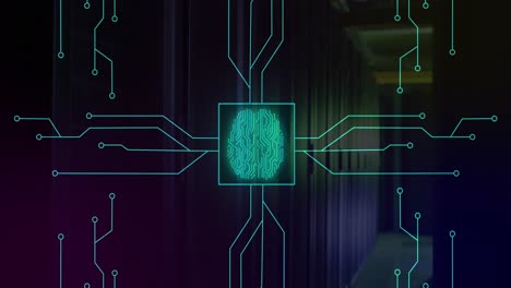 Animation-of-illuminated-circuit-board-pattern-around-brain-in-square-over-server-room