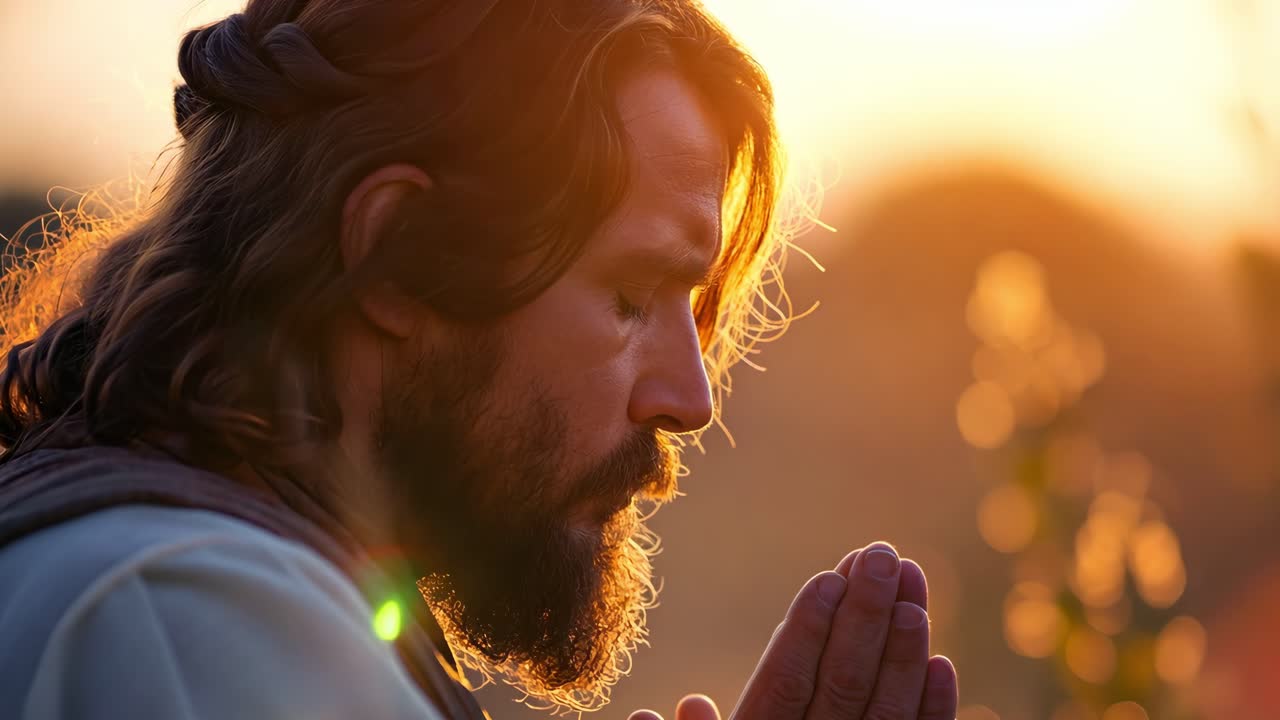 Devout man standing with hands joined, eyes closed, bathed in golden sunset light while deeply immersed in personal prayer and spiritual connection