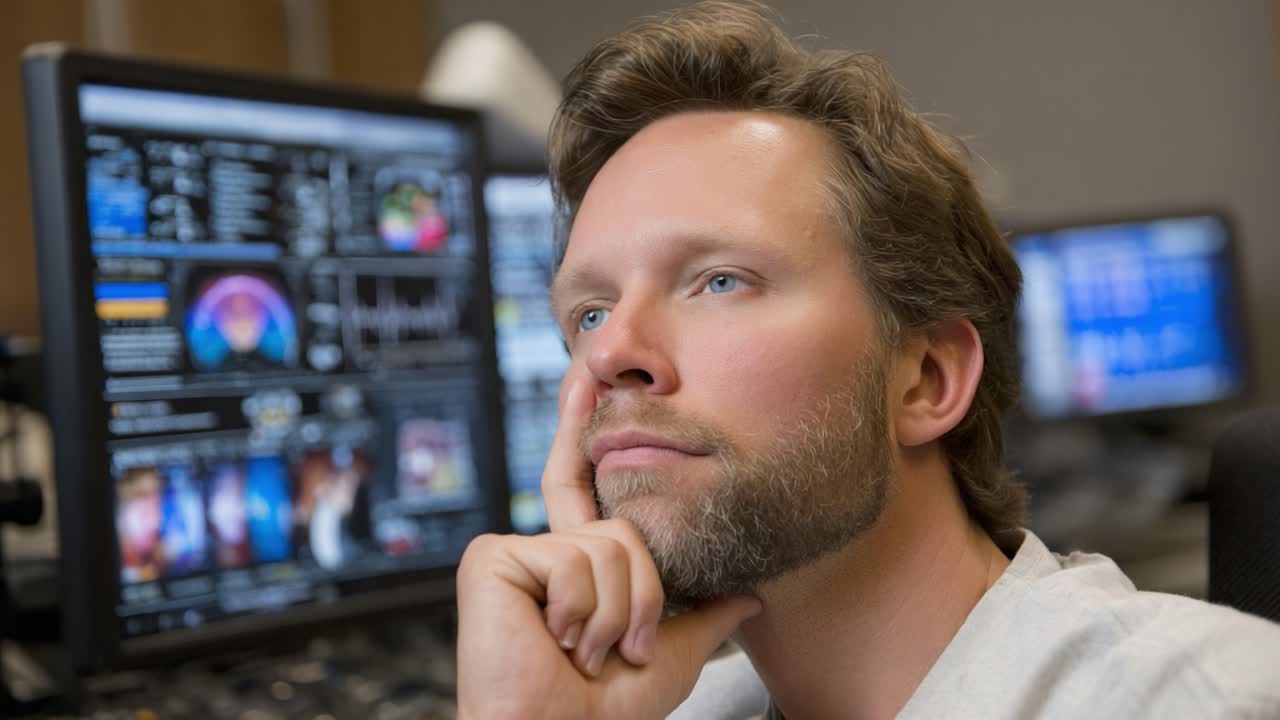 An Introspective Moment: A Thoughtful Individual Deep in Contemplation While Surrounded by Multiple Digital Displays and Data Visualizations