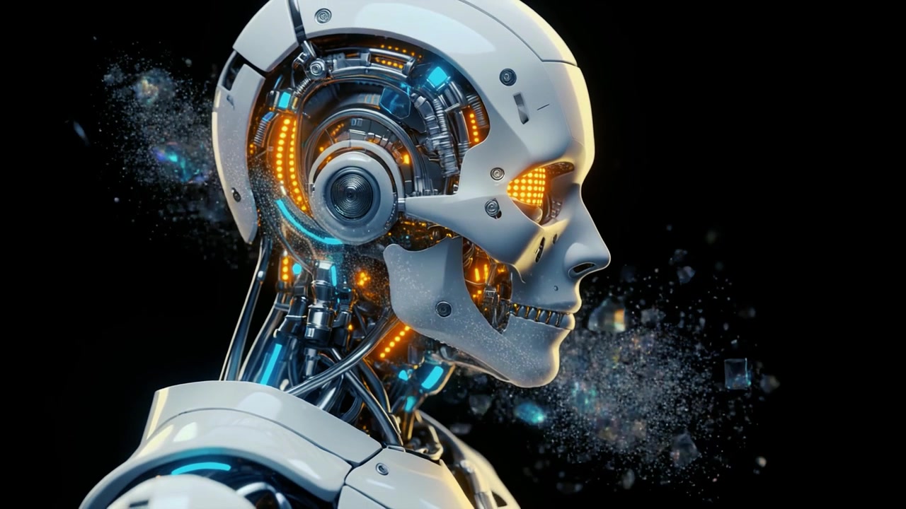 Robot androide futuristico che esala particelle digitali su sfondo nero