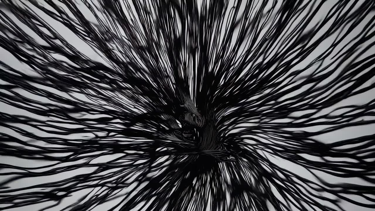 Abstract video concept with a dynamic, swirling pattern of black lines