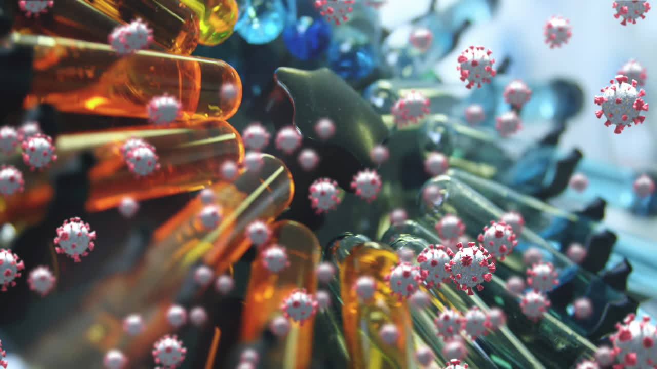 코로나19 세포는 여러 개의 시험관에 대해 움직이고 회전합니다.