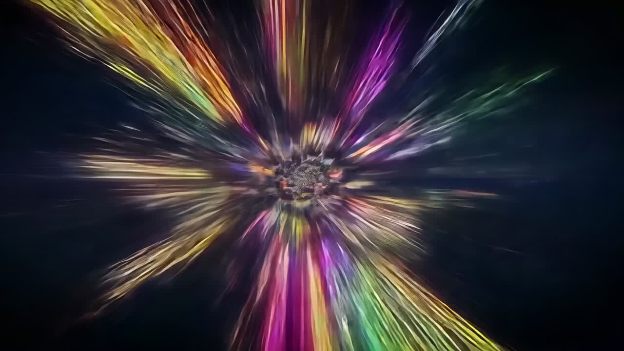 Erupting cluster forming vortex and emitting colored beams within dark void, creating light tunnel