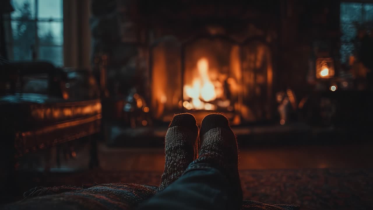 Cozy Evening by the Fireplace: A Relaxing Scene of Warmth and Comfort as the Flames Flicker and Soft Light Illuminates the Room