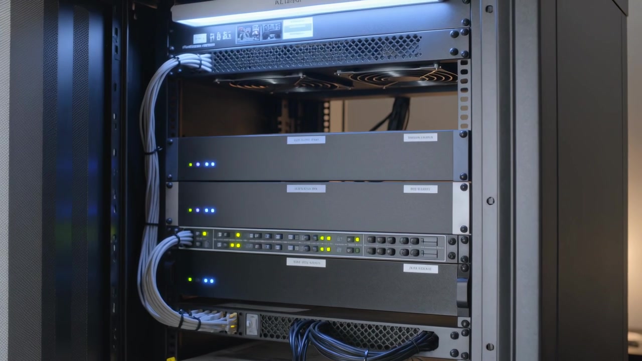 Apertura della porta di un rack da 19 pollici, telecamera che si muove rivelando unità rack, cavi e LED accesi per un controllo in ufficio.