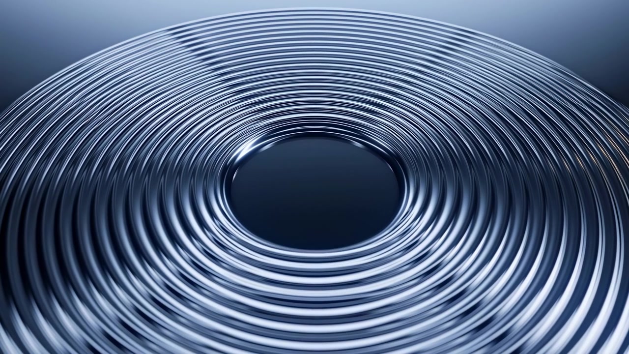 Metallic Concentric Rings Around Central Void, Glossy Chrome Surface Catching Cool Blue Lighting, Slow