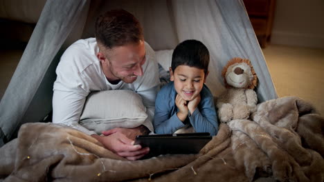 tablet, child laughing and father with bedroom