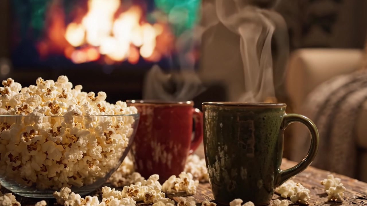Ambiente serale accogliente con bevande calde e popcorn accanto al camino, perfetto per il relax e per godersi una serata film a casa.