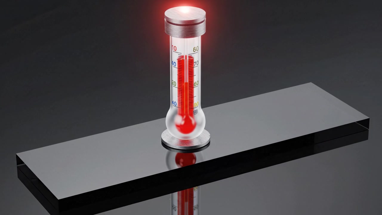 Una serie accattivante di due fotogrammi che mostra un termometro moderno che misura la temperatura con un sorprendente liquido rosso in un ambiente elegante e riflettente.