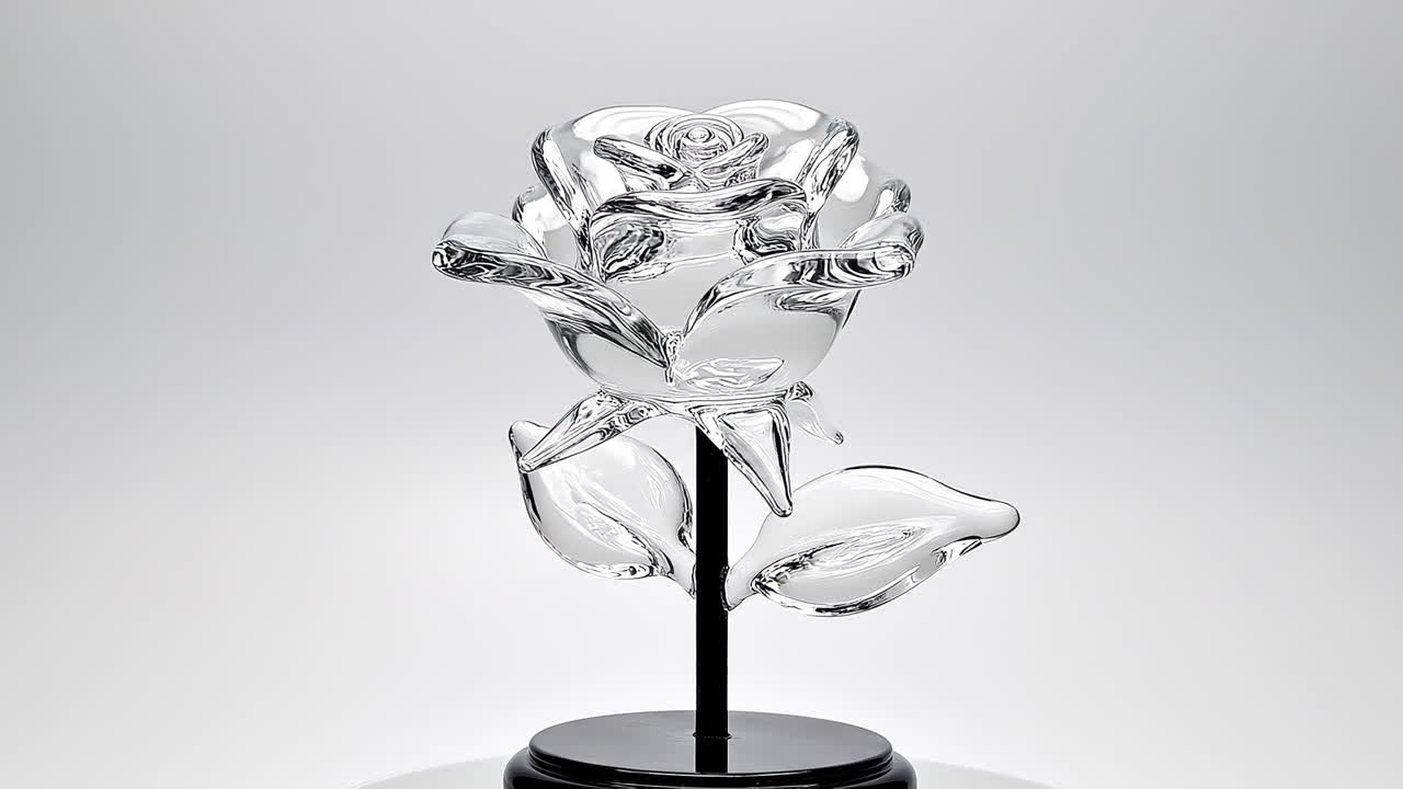 Clear Glass Rose Sculpture Rotating on White Background