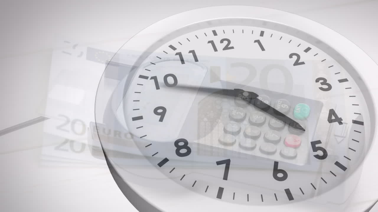 Animation of clock over payment terminal and euro banknotes on white background