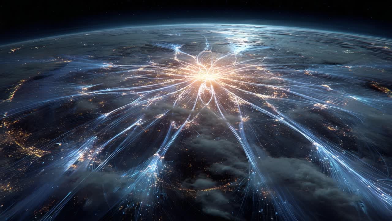 Abstract visualization of information technology streams spreading across the planet's surface from a central glowing hub, representing the internet, data centers, and global communication networks