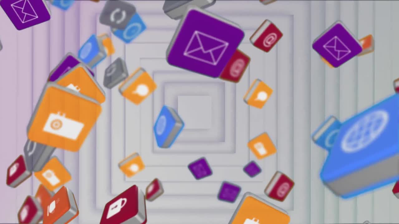 múltiples iconos digitales flotando contra cuadrados concéntricos sobre un fondo blanco