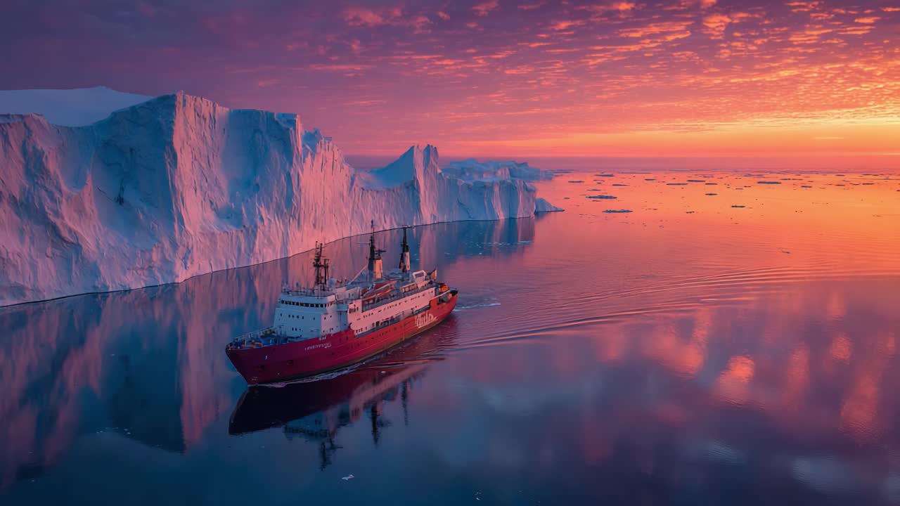 A Majestic Sunset Illuminates an Icebreaker Ship Navigating Through Tranquil Waters Surrounded by Towering Icebergs and Stunning Natural Beauty