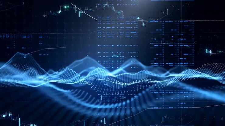 Layered blue particle waveforms sweep through dark navy digital grid while bright cyan glow and soft volumetric haze rise behind main crest, candlestick trends, lines, dots, and neon layers suggest