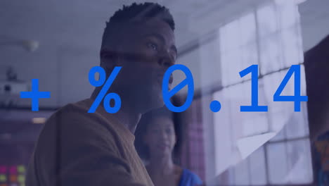 animation of data processing over diverse colleagues discussing work in office