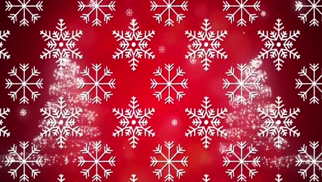 Snowflakes-icons-in-seamless-pattern-against-two-christmas-trees-on-red-background