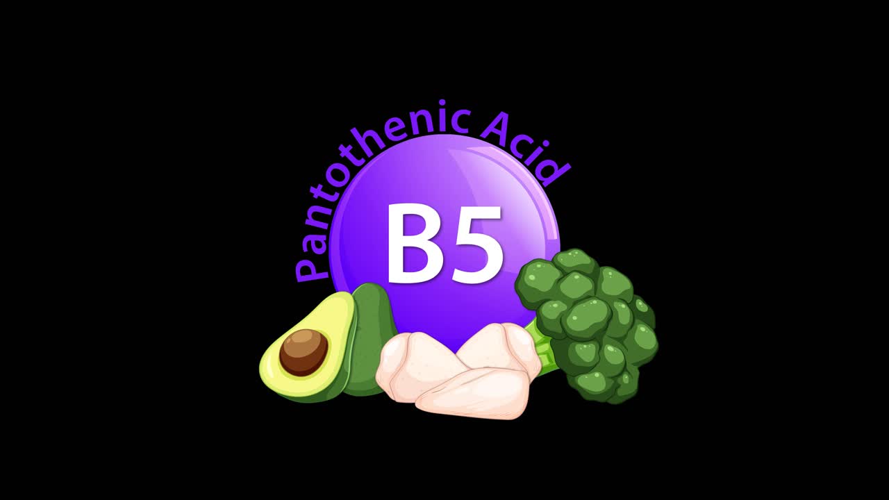 A purple Vitamin B5 icon animates in, surrounded by illustrated avocado, chicken, and broccoli, with 'Pantothenic Acid' text, on a seamless black background