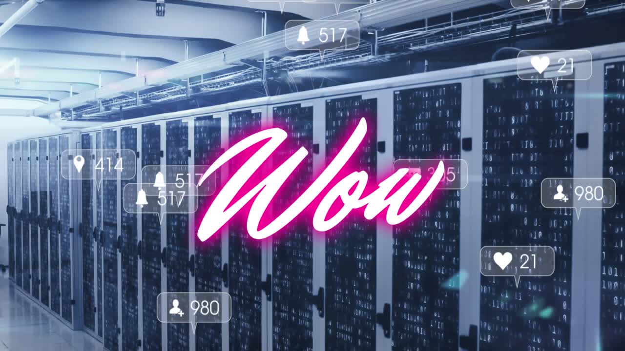 핑크색 텍스트의 애니메이션 와우, 컴퓨터 서버 을 통해 소셜 미디어 알림