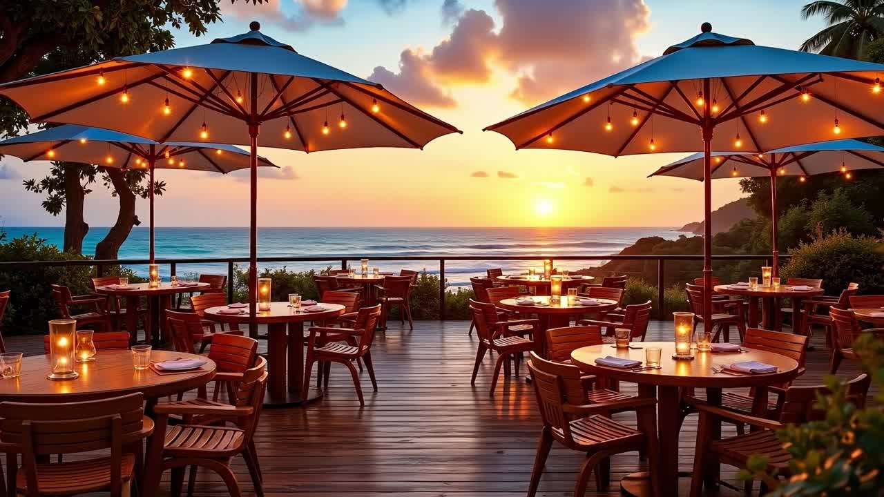 A restaurant with tables and chairs under umbrellas on a deck overlooking the ocean