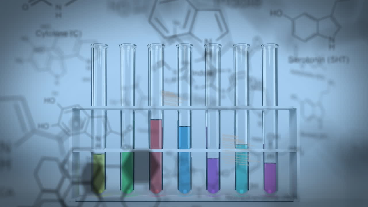 animación de estructuras de compuestos químicos contra tubos de ensayo de laboratorio