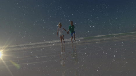 children walking on beach with starry sky animation reflecting on water