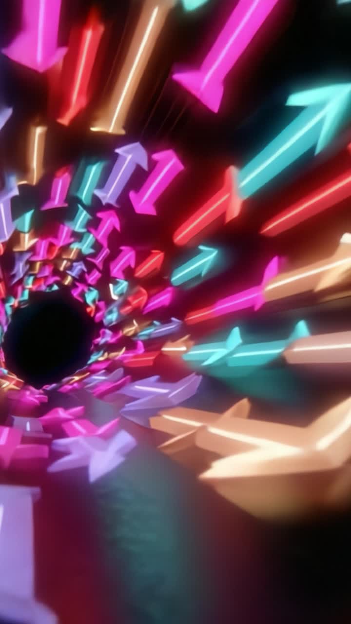 A Vibrant Tunnel of Colorful Neon Arrows in Motion, Creating a Whirlwind Effect that Draws the Eye into a Mysterious Center of Darkness and Light