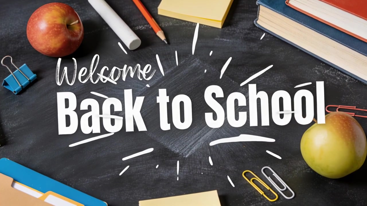Presenting Back to School title, radial splash appearing on board drawing focus to headline, apple
