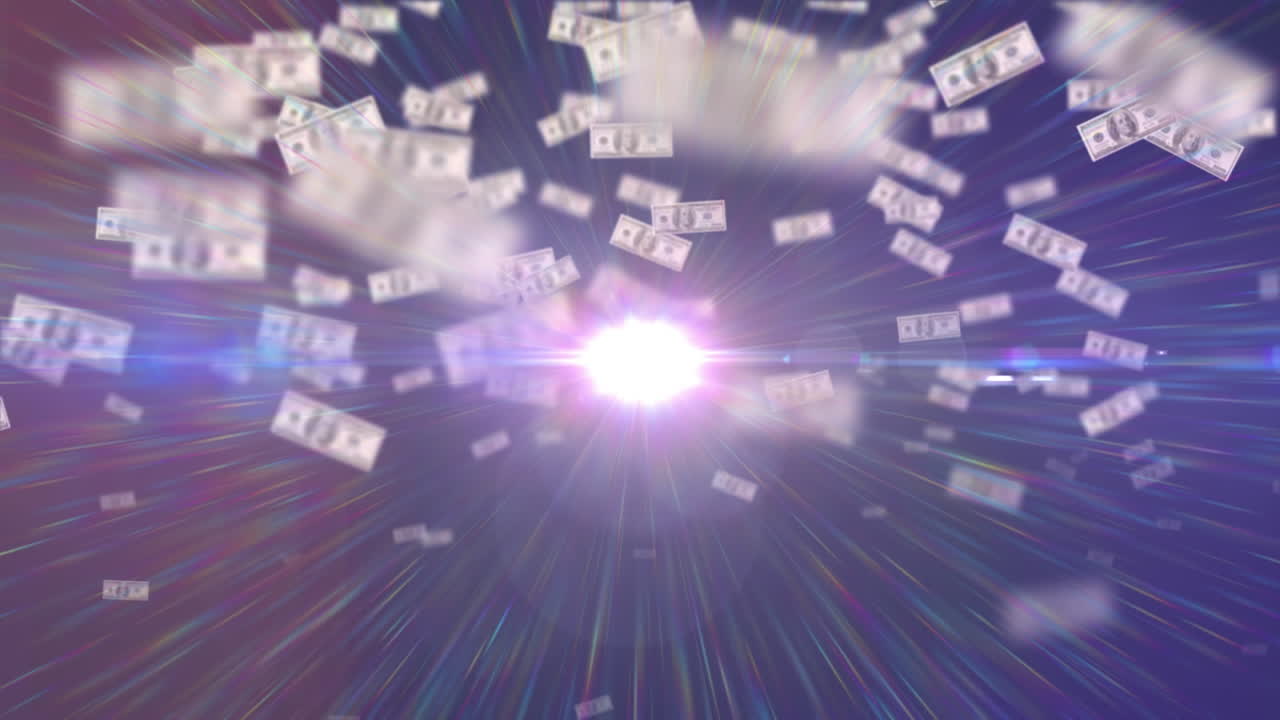 어두운 회색 배경에 중앙 스포트라이트와 함께 상승하는 달러 지폐의 애니메이션