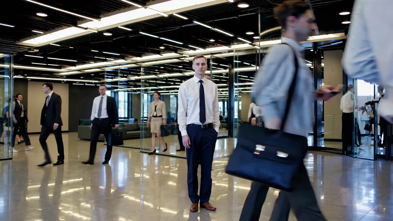 Professional businessman standing confidently amid bustling office environment, colleagues moving around, embodying corporate leadership and dynamic workplace energy