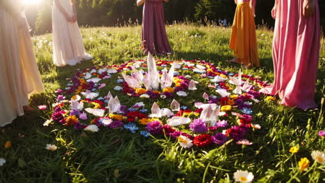 women in circle ceremony with crystals and flowers