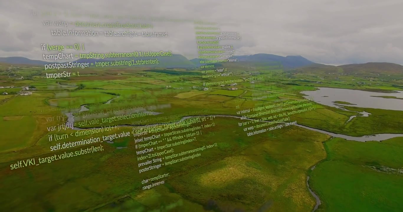 After 1 second code clusters materializing and rotating above fields for map data visualization