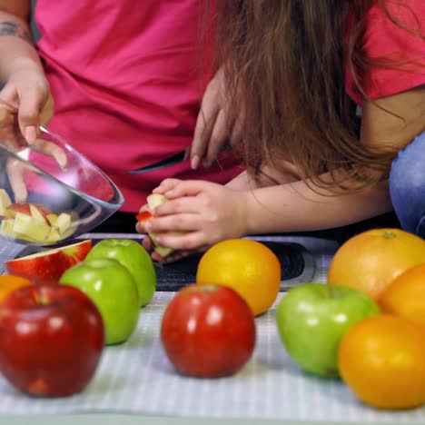 mother and child daughter preparing fruit