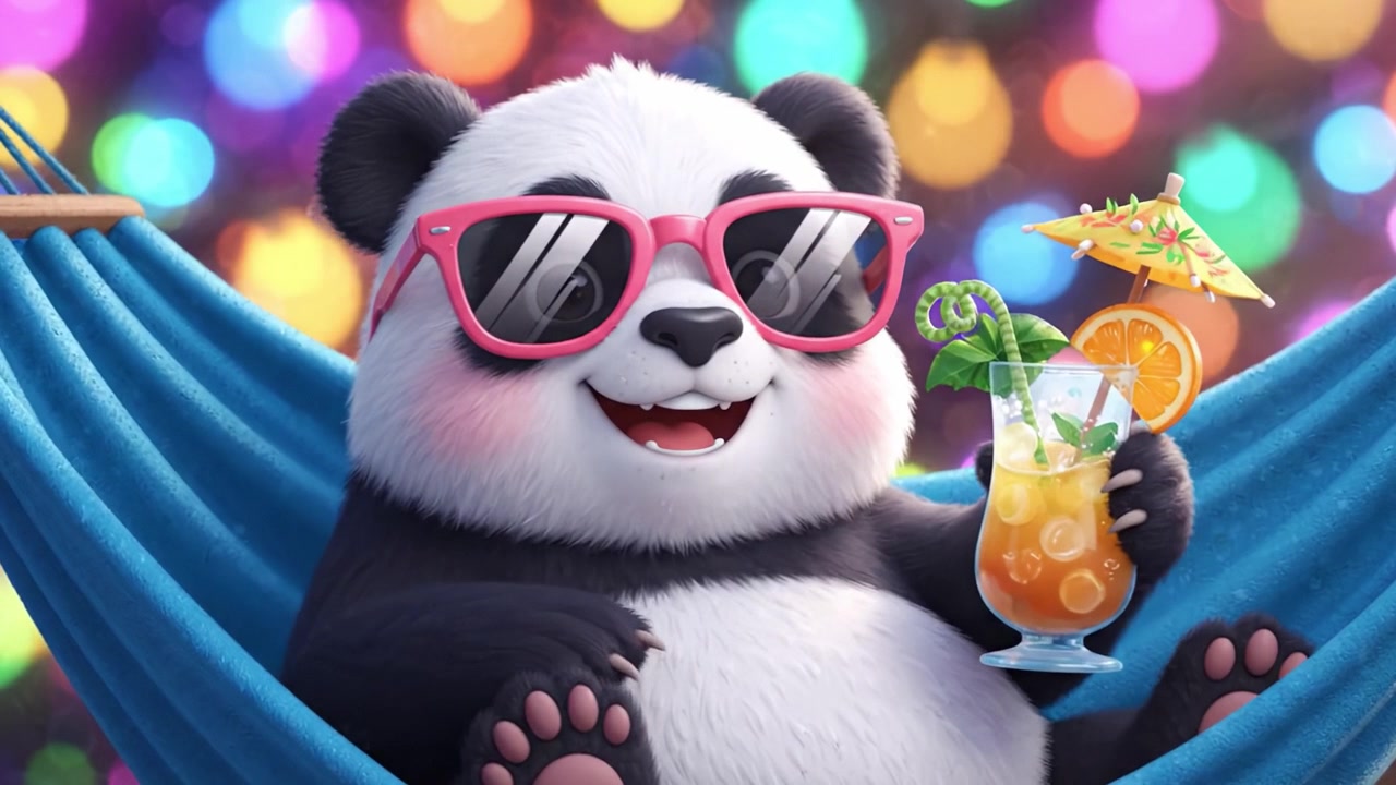 Panda allegro con occhiali da sole che si rilassa su un'amaca mentre si gode un cocktail colorato in un'atmosfera vibrante piena di luci bokeh.