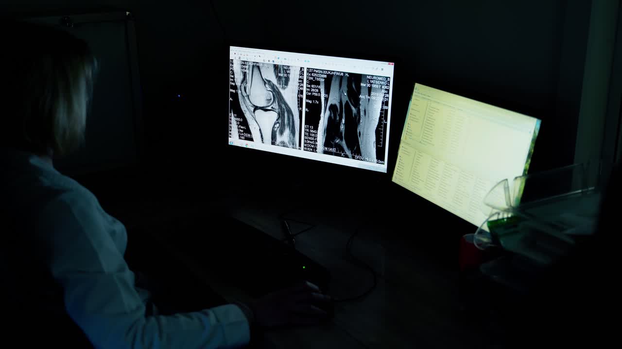 Doctor radiologist working at a computer with x-ray photos. Specialist is looking at scans of a patient's body on the screen of monitor on dark background.