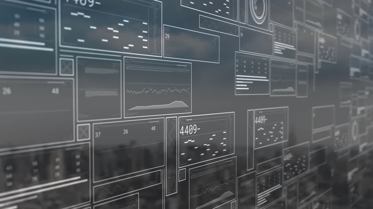 Camera lateral pan initiating tiled UI panels populating and updating charts to visualize metrics