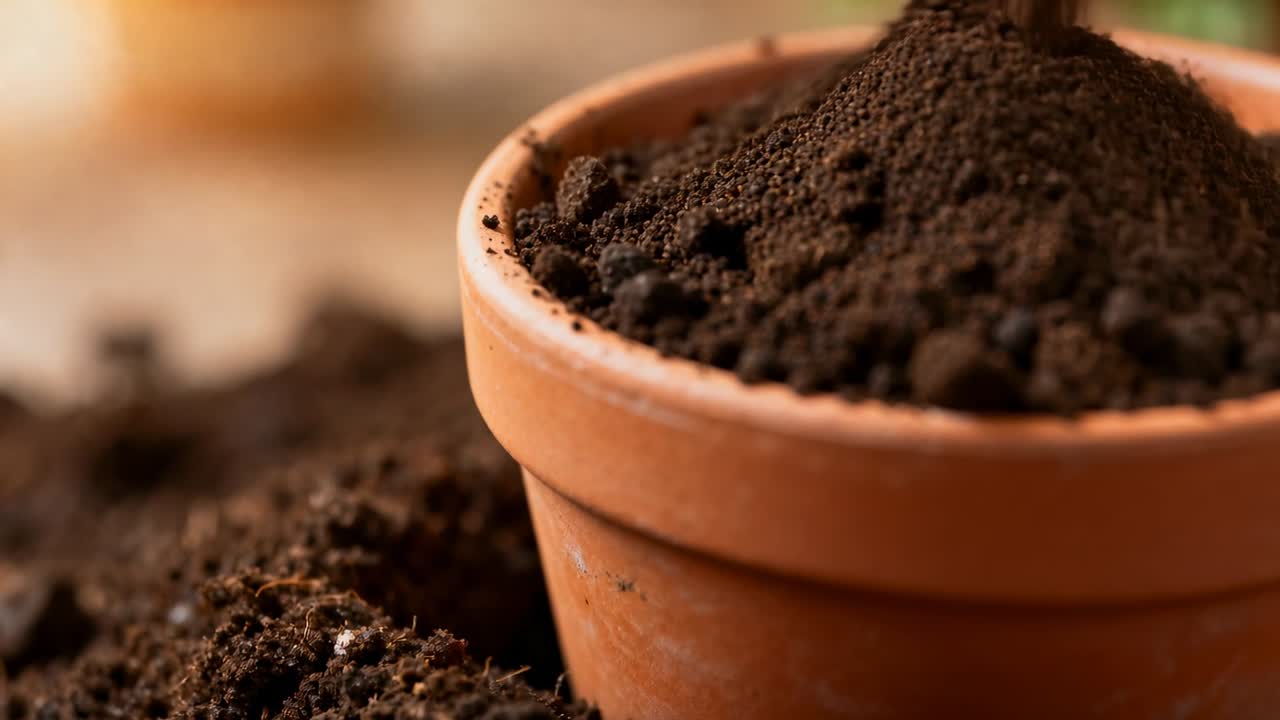 Guidando una paletta che rilascia terriccio in un vaso di terracotta su una panca di legno, preparandosi per la piantumazione.