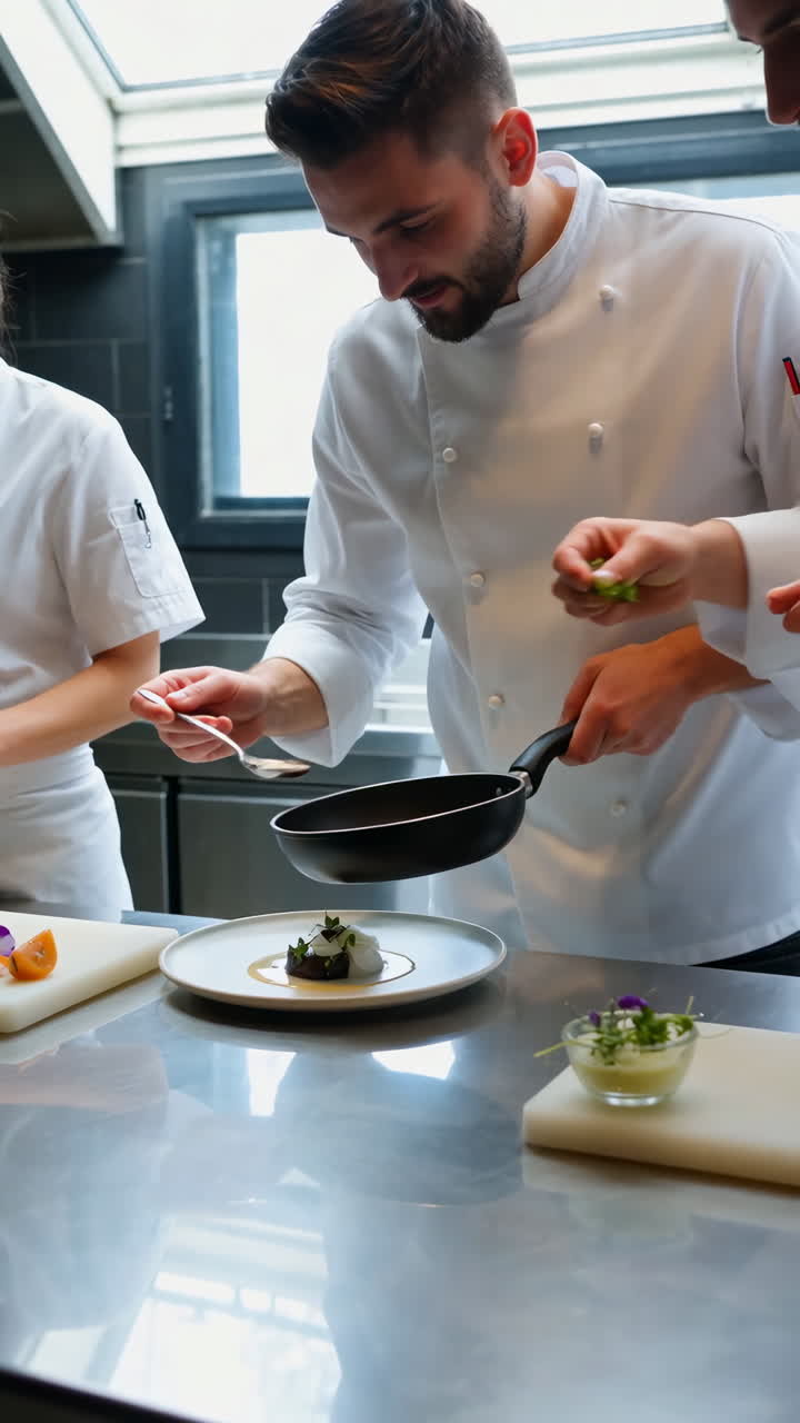 Chefs preparing and plating food in a professional kitchen