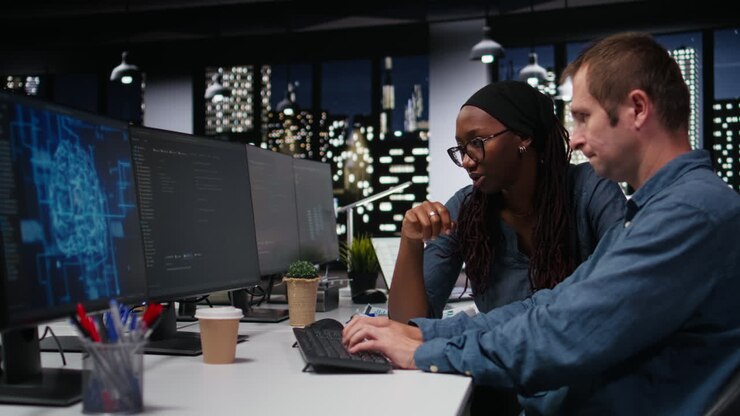 Diverse udviklere samarbejder om et softwareprojekt på et moderne kontor om natten